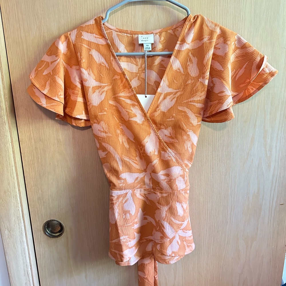 Orange Floral Wrap Top